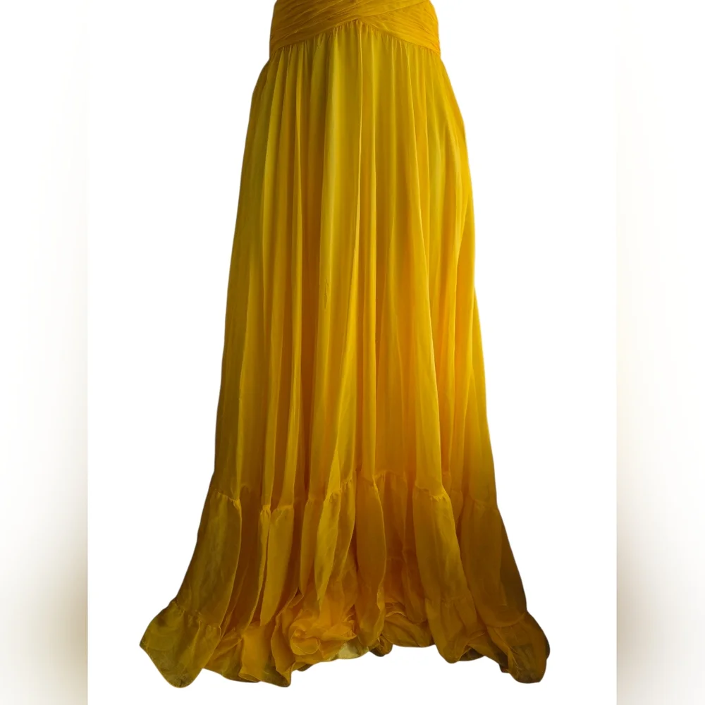 NWOT $598 Mac Duggal Ruffle Tiered Cutout Chiffon Gown Sunshine Yellow Size 2 - Picture 3 of 9